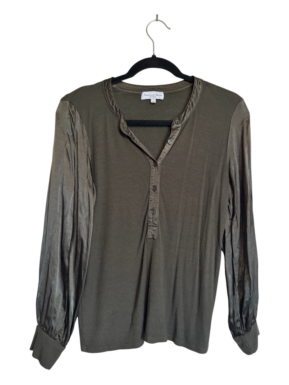 MICHAEL STARS Long Sleeve Henley Top - dark olive S